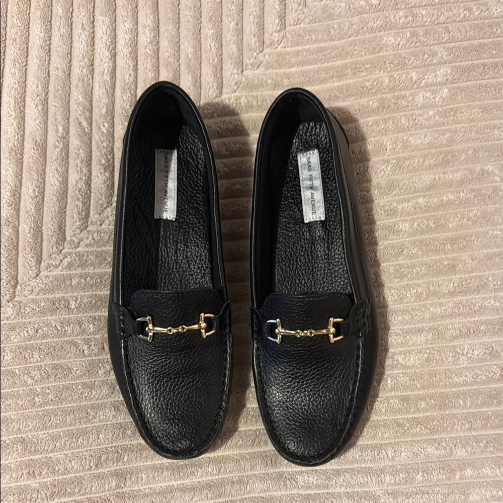 Saks Fifth Avenue Black and Gold Loafers Timeless Flats
